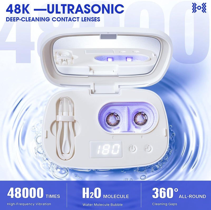ALLGLAM Portable Contact Lens Cleaner, Automatic Ultrasonic Contact Lens Cleaner Machine with USB Charger, LED Timer Display for Soft Lenses, Colored Contact Lenses Cleaning(White) - Image 3